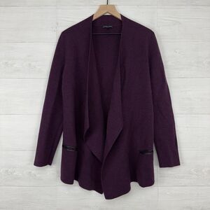 Eileen Fisher Cardigan Medium Purple Merino Wool Open Front Leather Trim Pockets
